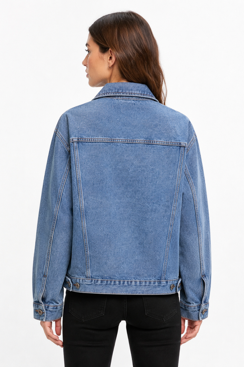 Women's Classic Blue Denim Jacket with Red Tag