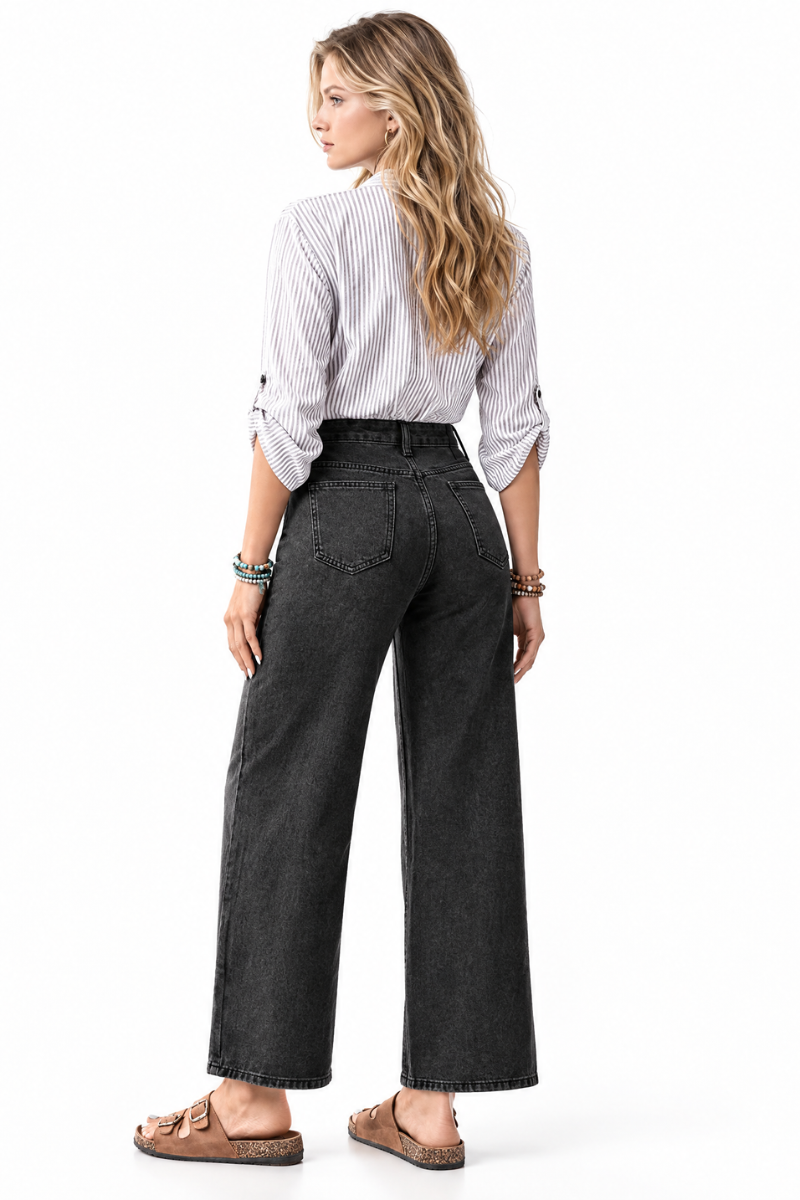 Women's Vintage Washed Black High Waist Wide Leg Jeans