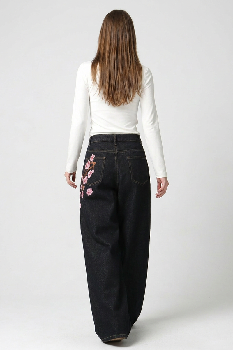 Women's Floral Embroidered High Waist Wide Leg Jeans