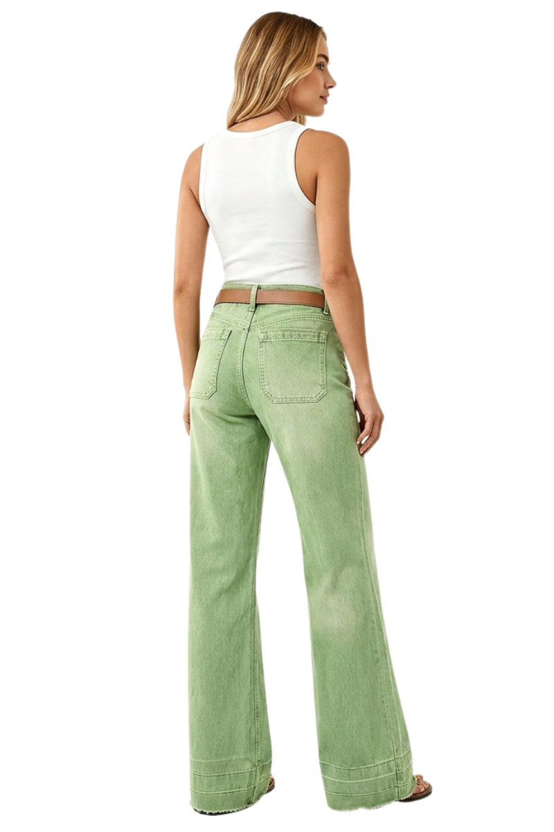 Women's Green Vintage Wash High-Waisted Wide-Leg Jeans