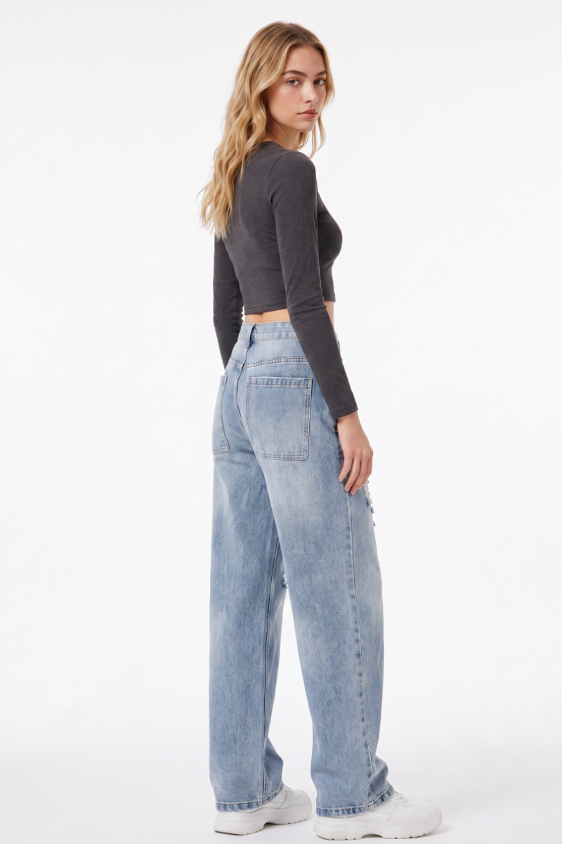 Women's High Waist Ripped Straight Leg Jeans