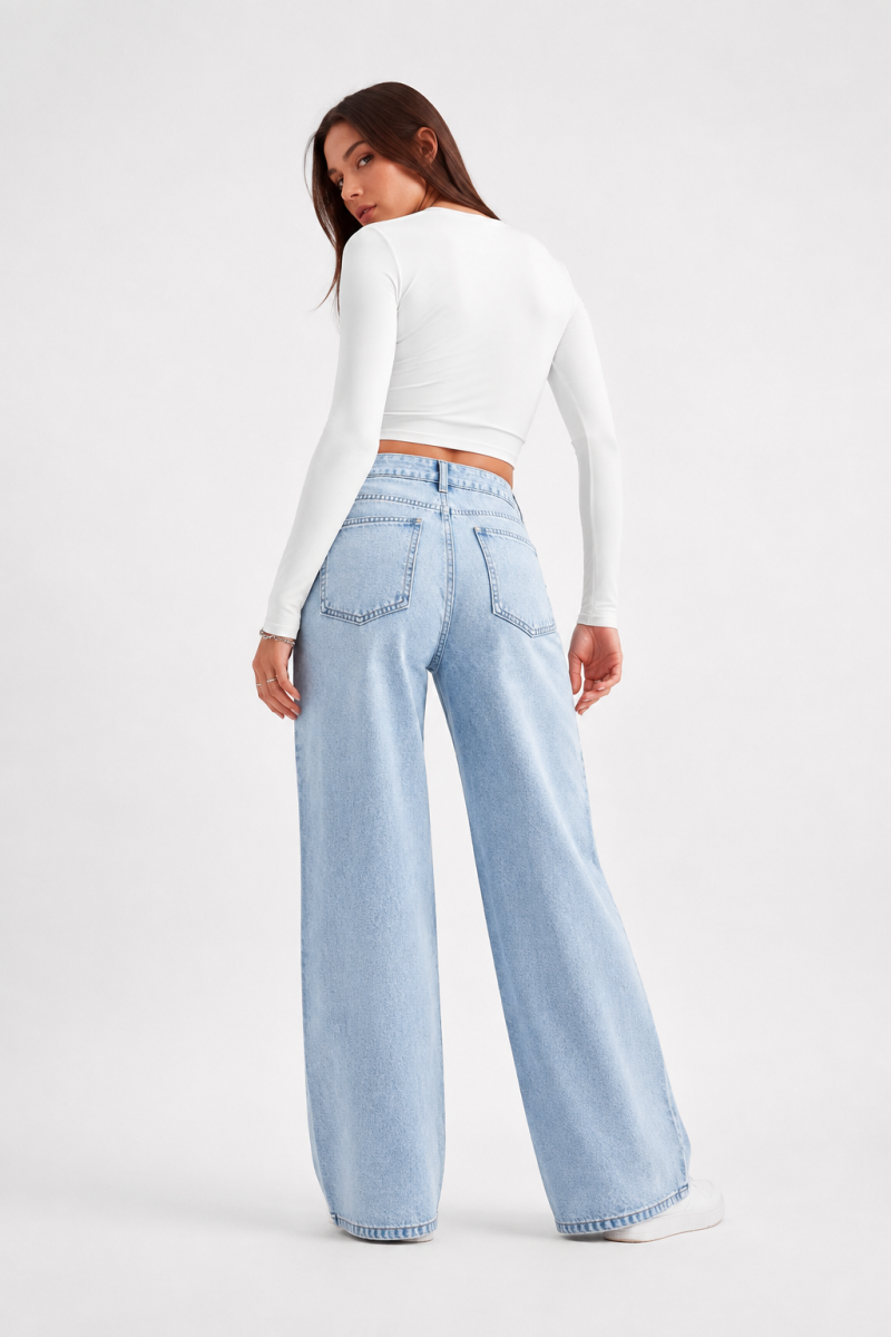 Women's High Waist Light Blue Straight Wide Leg Jeans