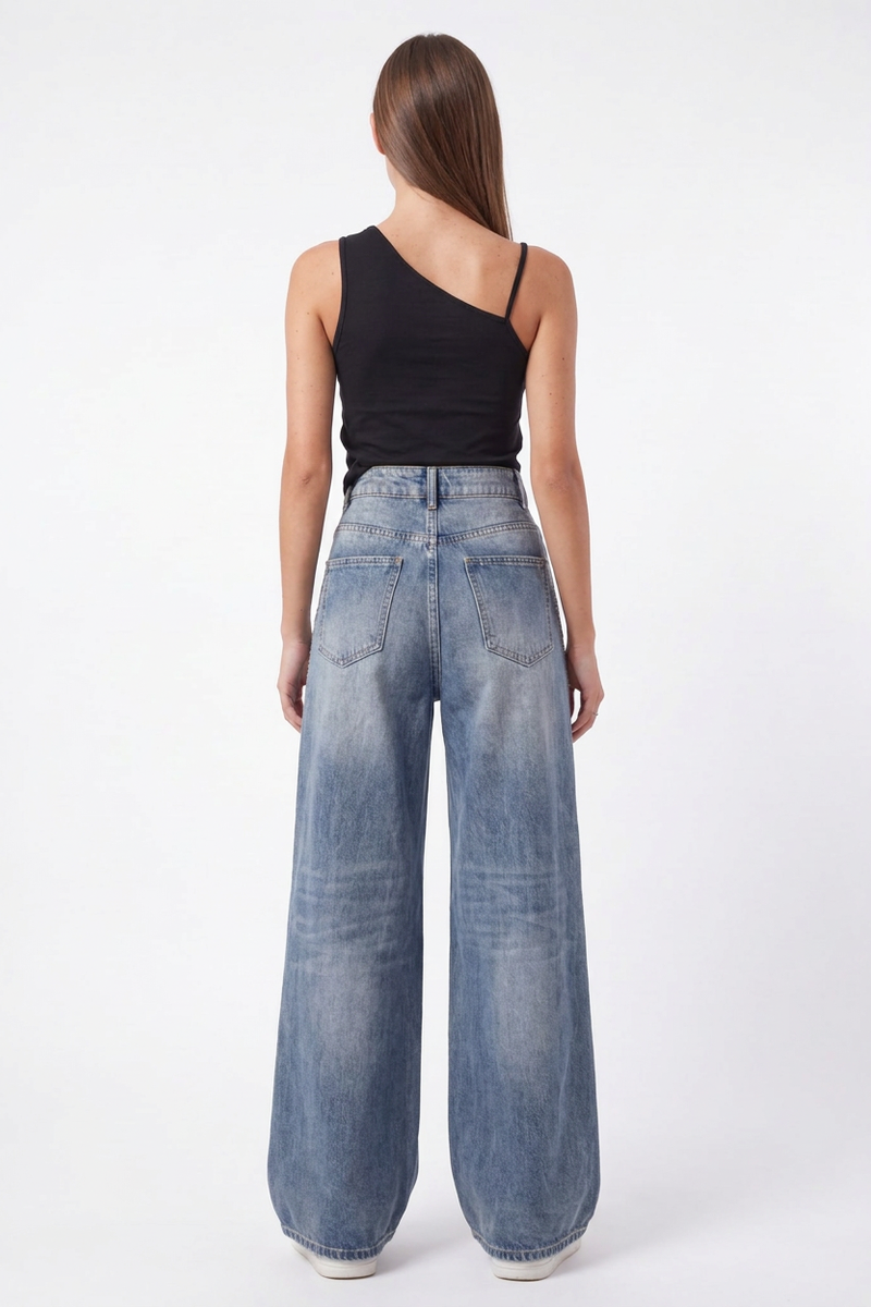 Women's Sparkly Diamante High Waist Stretch Wide Leg Jeans