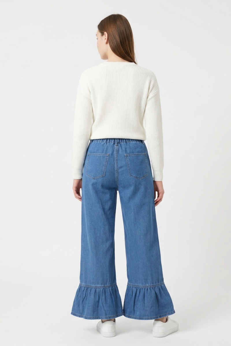 Women's High Waist Ruffle Hem Wide Leg Jeans