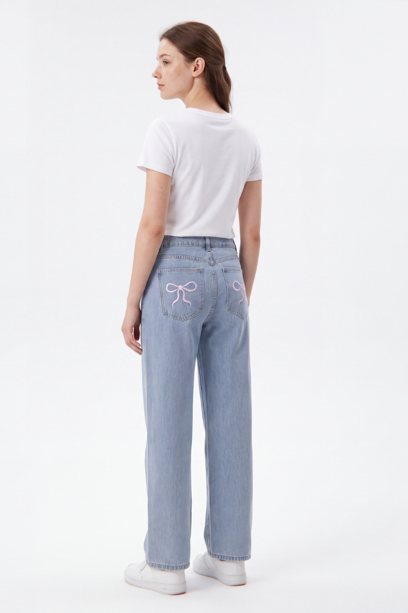 Women's Straight Leg Jeans with Pink Bow Embroidery