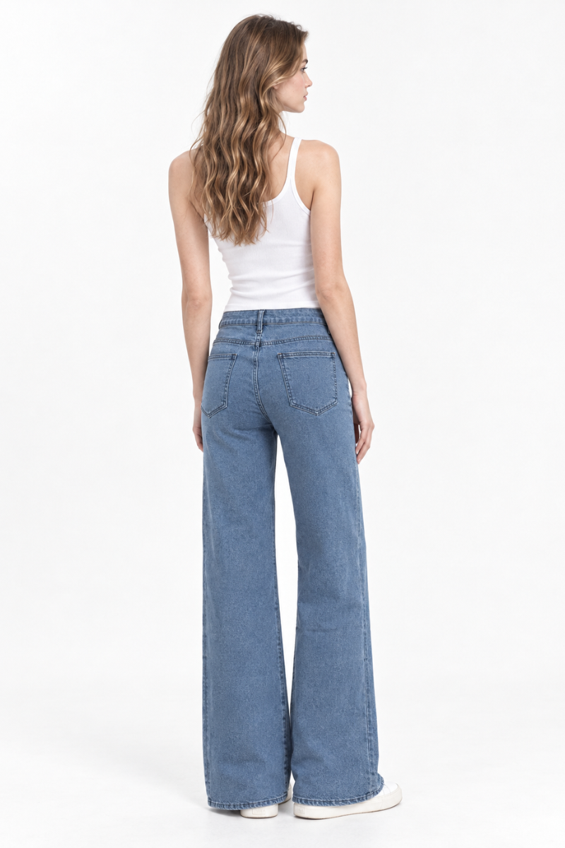 Women's High Waist Blue Stretch Wide Leg Jeans
