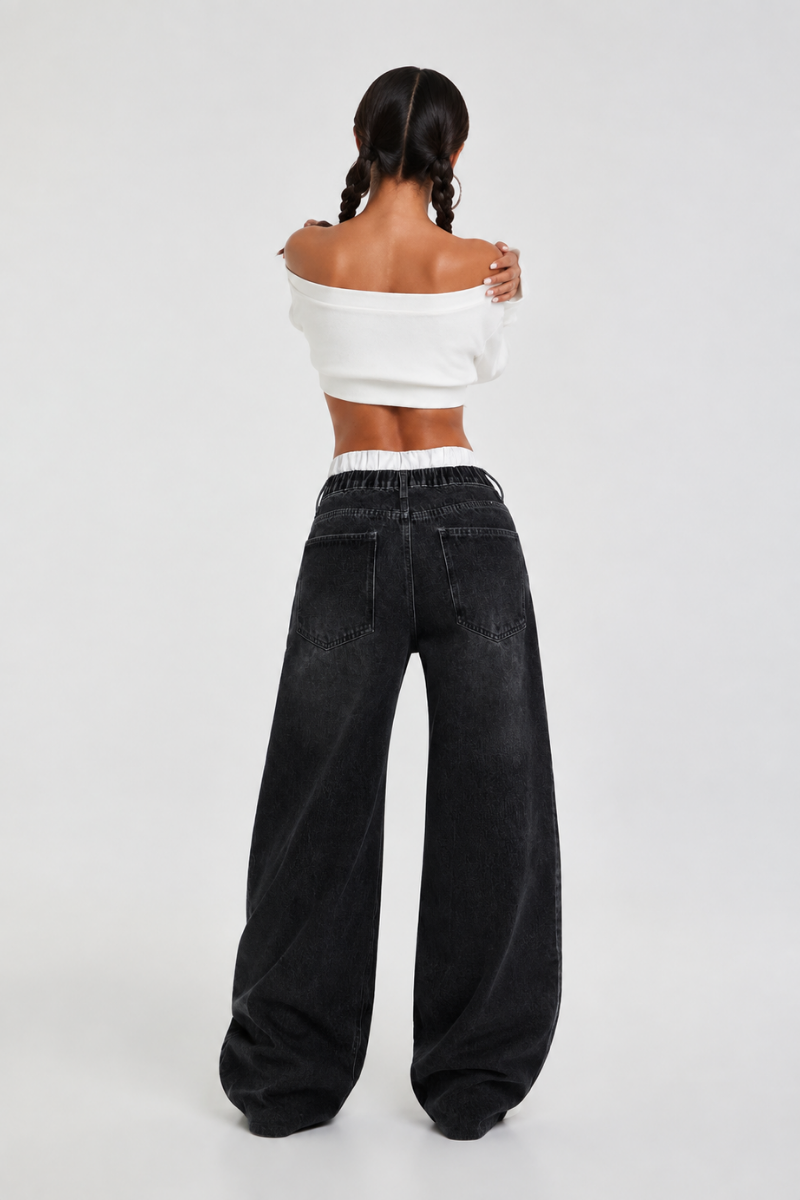 Women's double-waistband loose wide-leg jeans