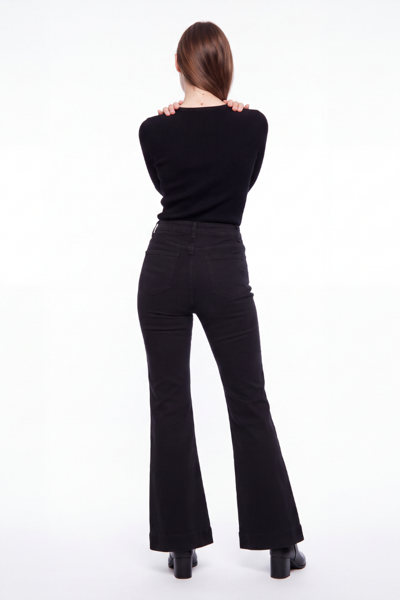 Women's Black High Waist Button Fly Stretch Flare Jeans