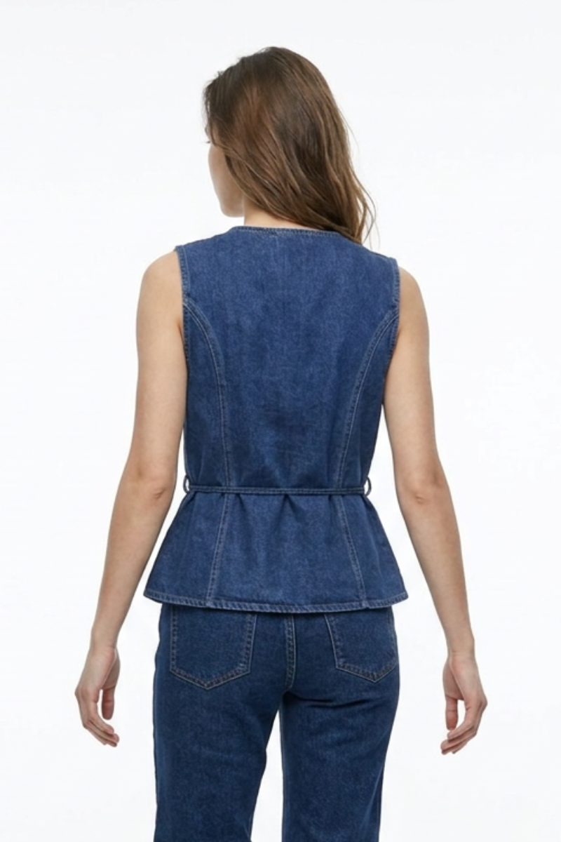 Women's Blue V-Neck Button-Front Denim Waistcoat