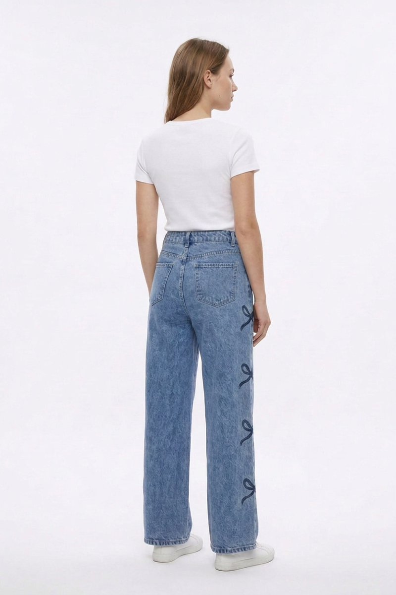 Women's High Waist Vintage Side Bow Wide Leg Jeans