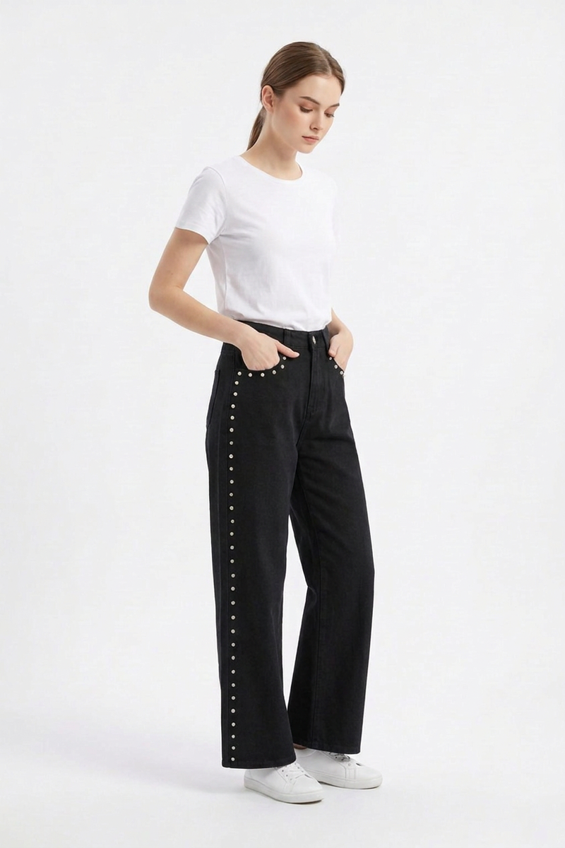 Women's High Waist Pearl Studded Side Seam Wide Leg Jeans