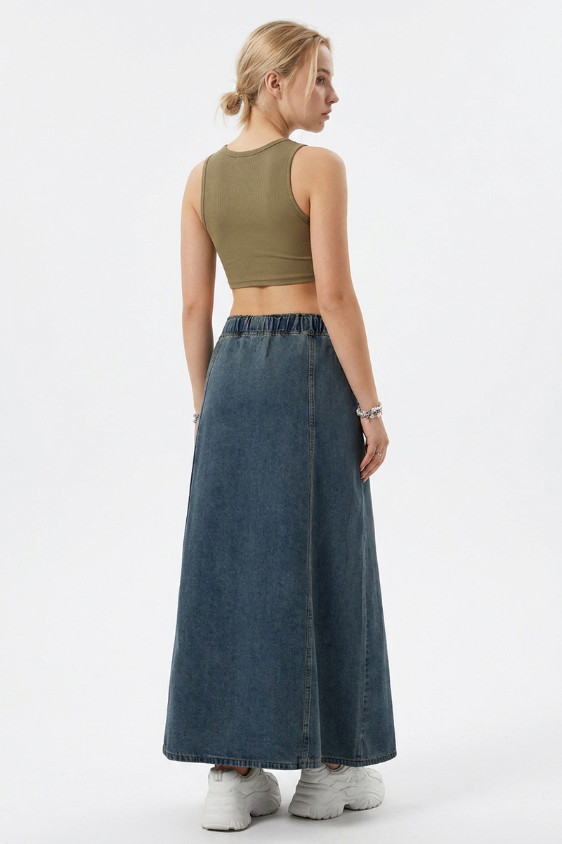 Women's Vintage Wash Drawstring Denim Maxi Skirt