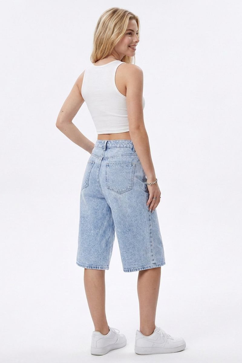 Women's Rhinestone Detail Wide-Leg Denim Bermuda Shorts