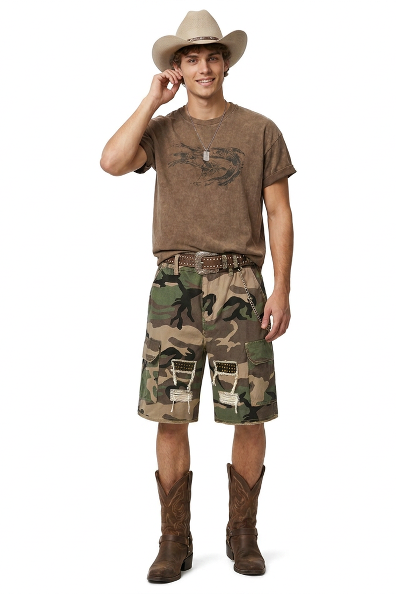 Men's Multi-Color Camo Loose Fit Cargo Denim Shorts
