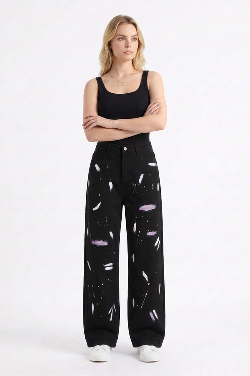 Women's High Waist Graffiti Ripped Wide Leg Jeans