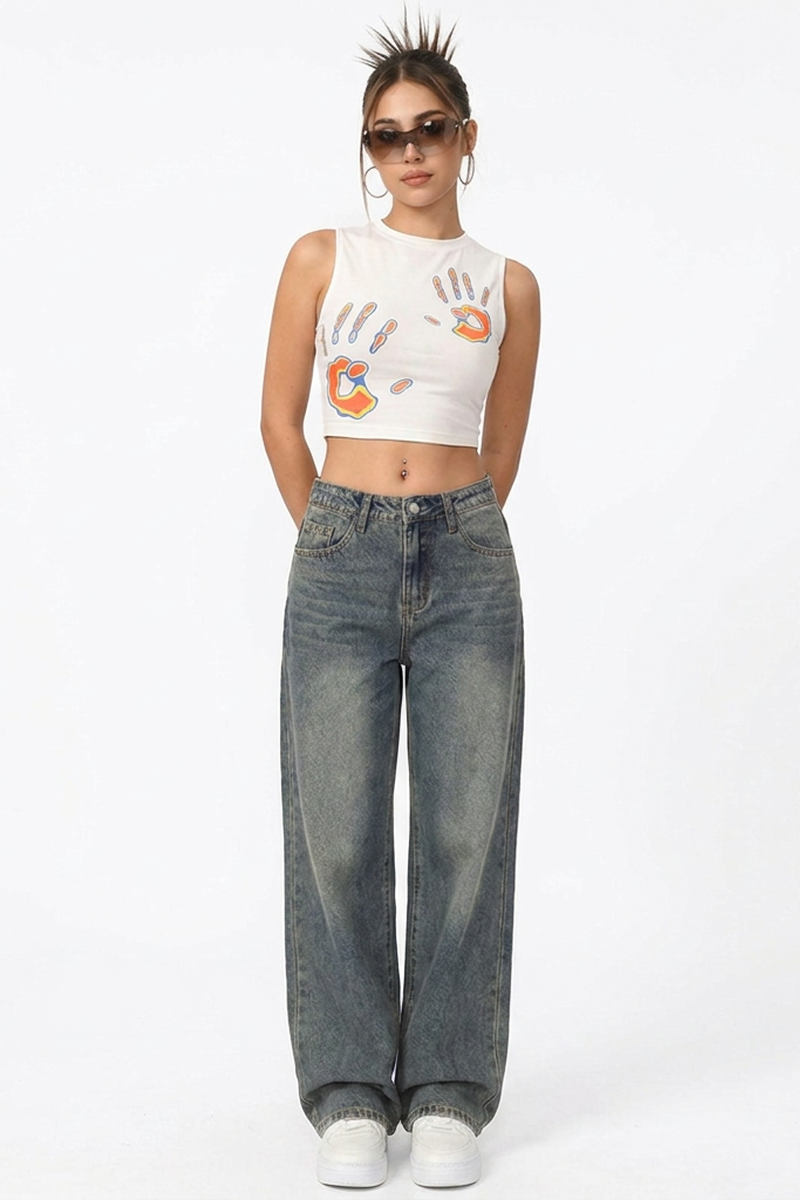 Women's Vintage Wash High Waist Loose Wide Leg Jeans