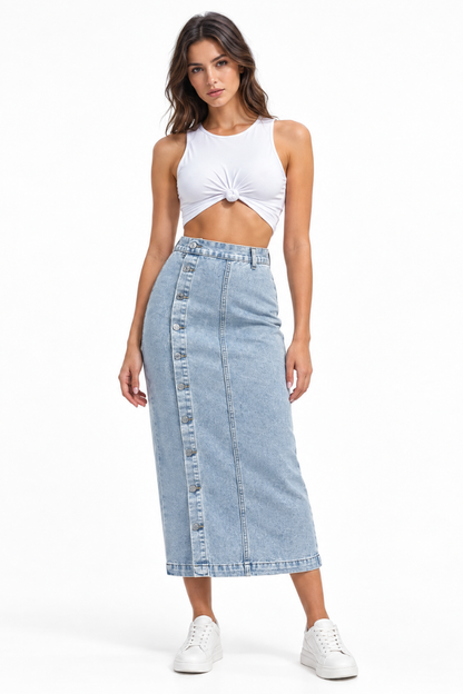 Women's High Waist Side Button Denim Midi Skirt