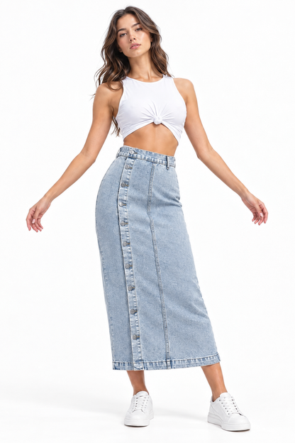 Women's High Waist Side Button Denim Midi Skirt