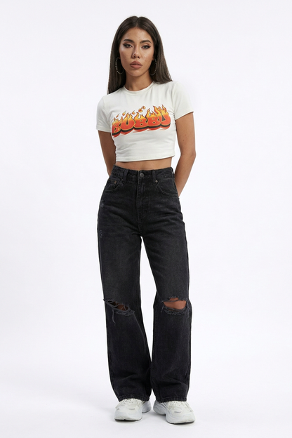 Women's High Waist Straight Leg Ripped Jeans