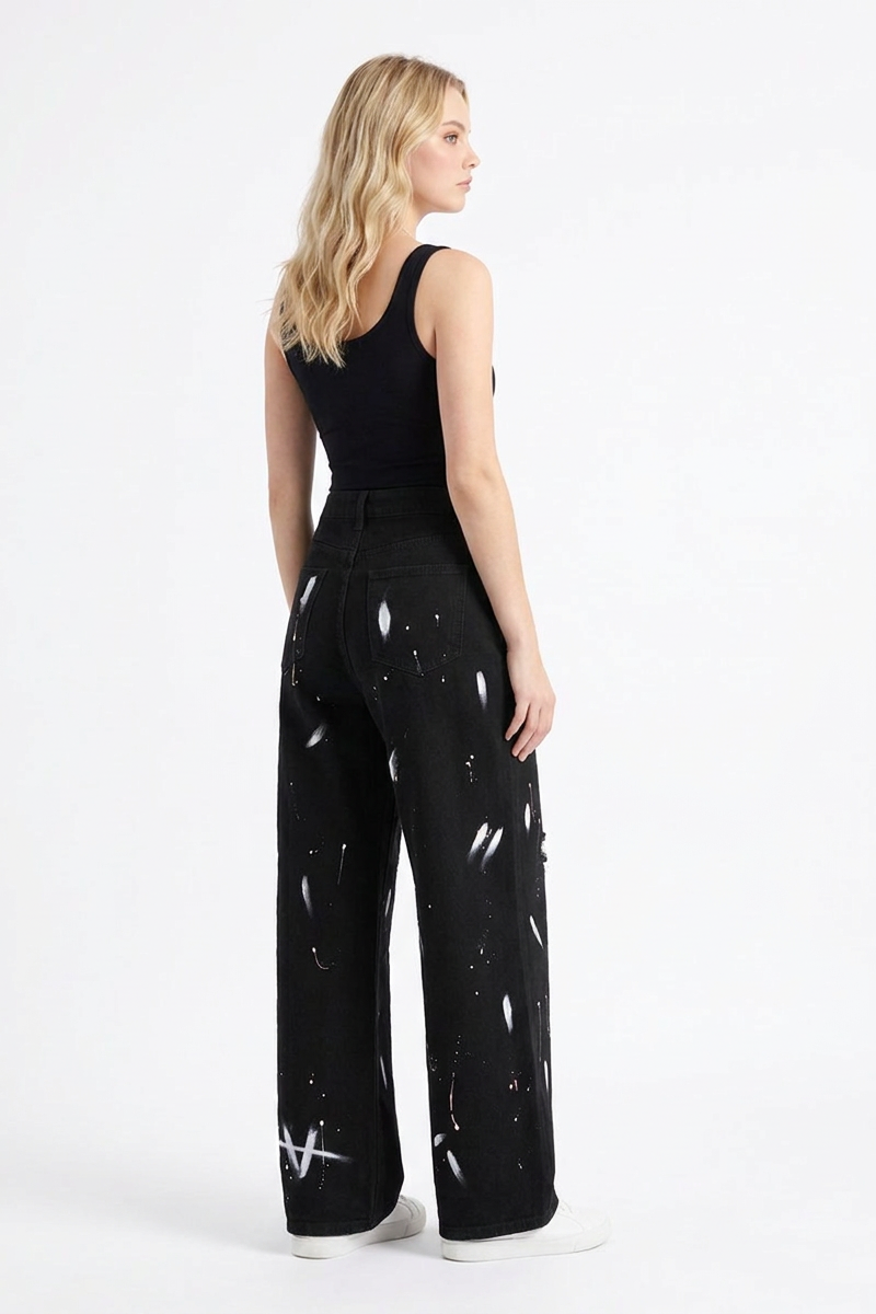 Women's High Waist Graffiti Ripped Wide Leg Jeans