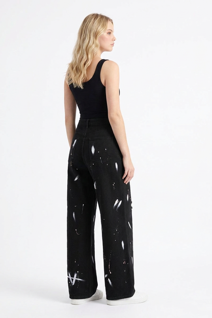 Women's High Waist Graffiti Ripped Wide Leg Jeans
