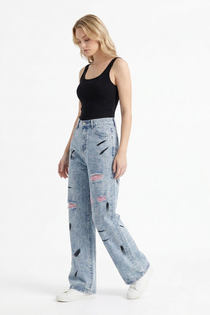 Women's High Waist Graffiti Ripped Wide Leg Jeans