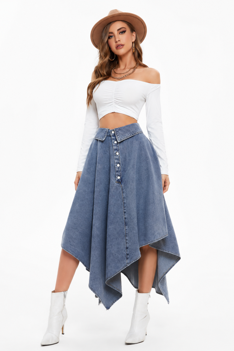 Women's High Waist Button Front Denim Skirt