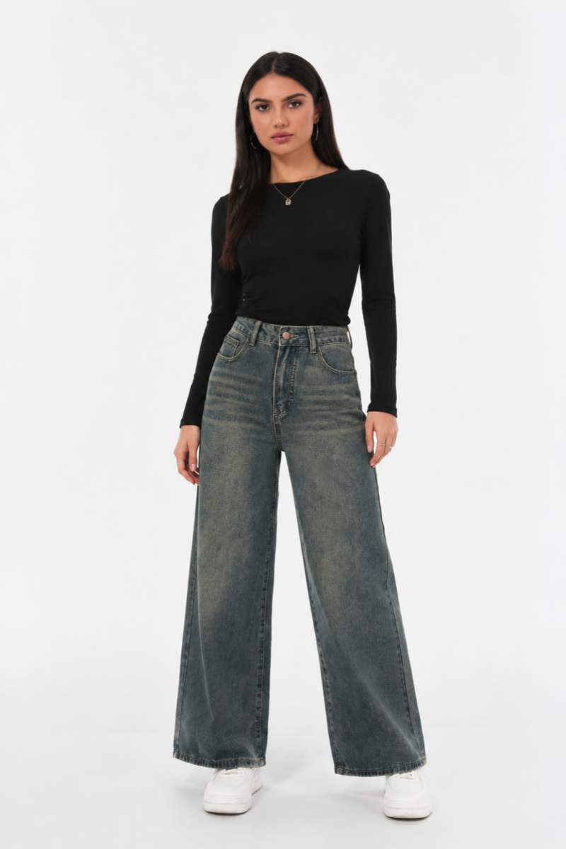 Women's vintage high-waisted loose wide-leg jeans