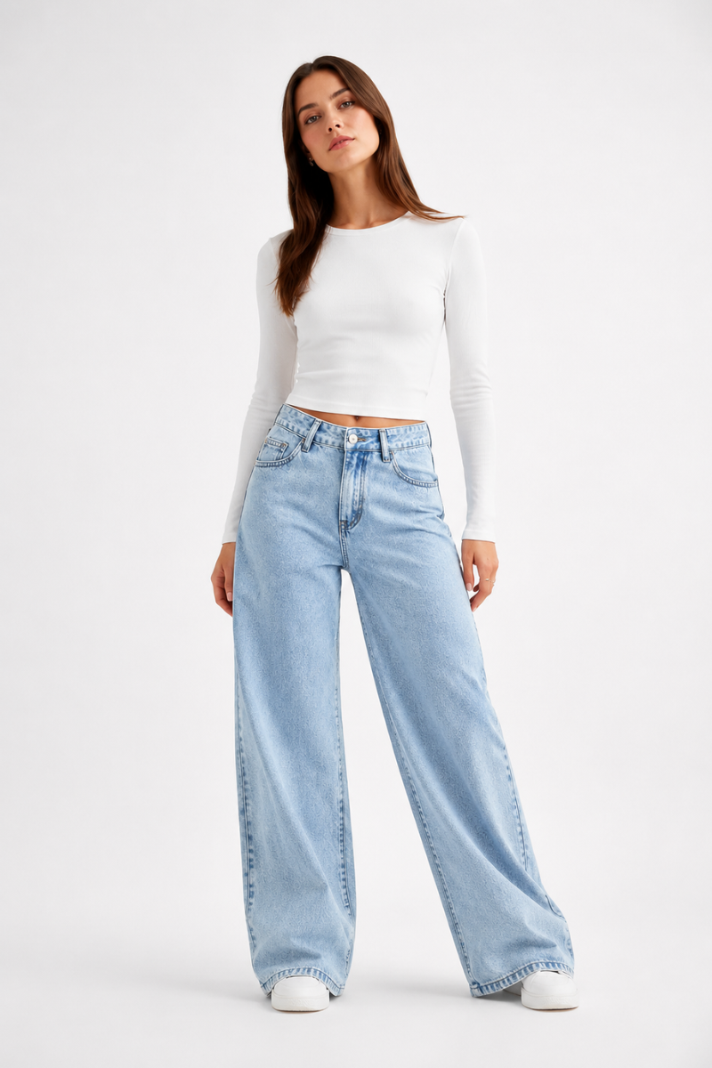Women's High Waist Light Blue Straight Wide Leg Jeans