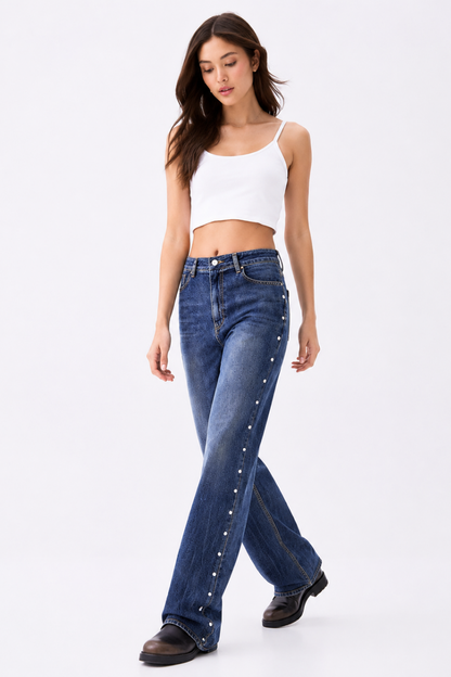 Women's High Waist Side Studded Wide Leg Jeans