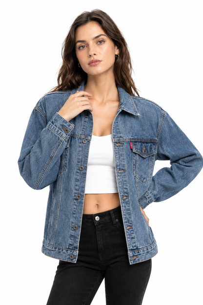 Women's Classic Blue Denim Jacket with Red Tag