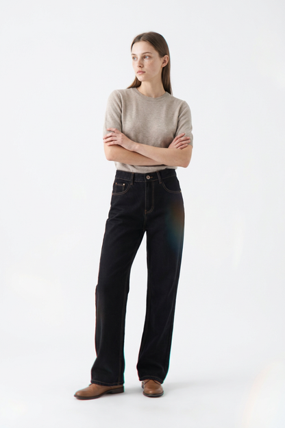 Women's Raw Black Wash High Waist Straight Leg Jeans