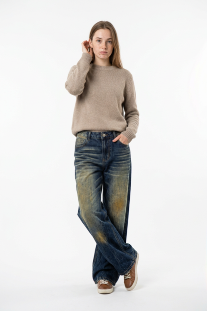 Women's Vintage Heavy Wash High Waist Straight Leg Jeans