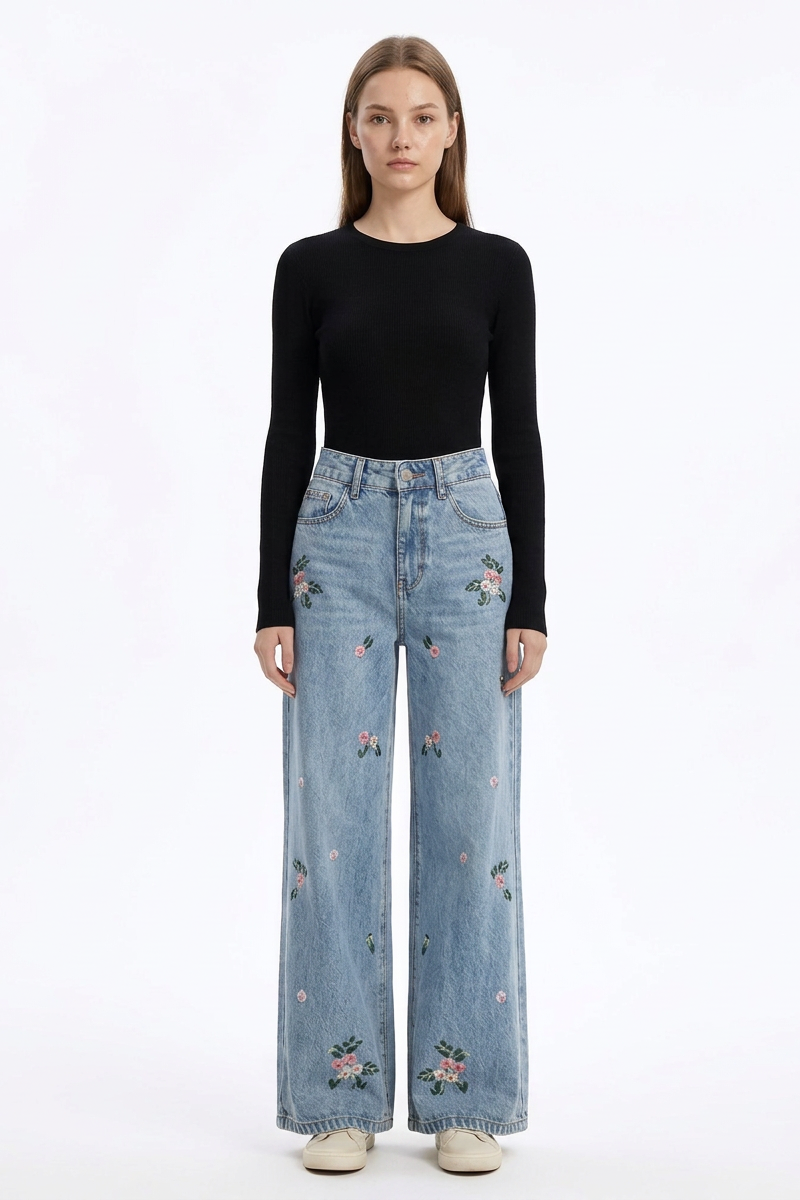 Women's Vintage Wash Embroidered High Waist Wide Leg Jeans