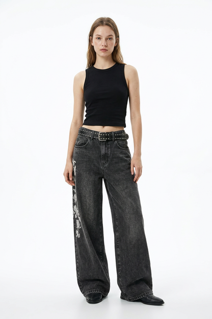 Women's Floral Embroidered High Waist Stretch Wide Leg Jeans