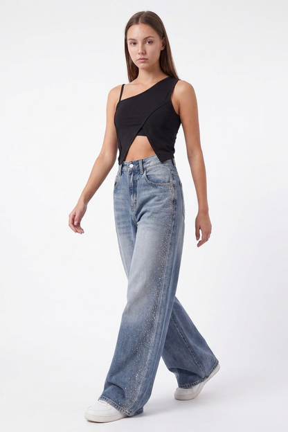 Women's Sparkly Diamante High Waist Stretch Wide Leg Jeans