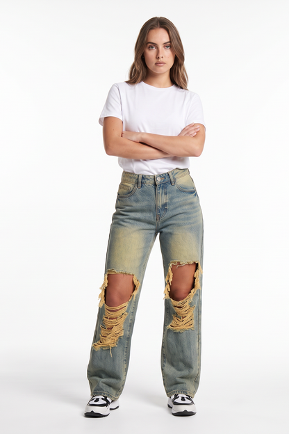 Women's High Waist Wide Leg Ripped Wide Leg Jeans