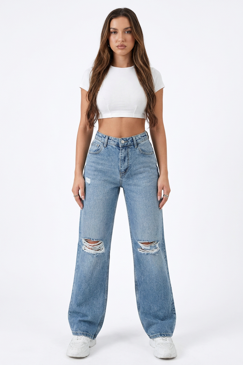 Women's High Waist Straight Leg Ripped Jeans