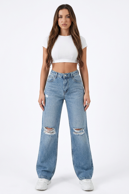 Women's High Waist Straight Leg Ripped Jeans