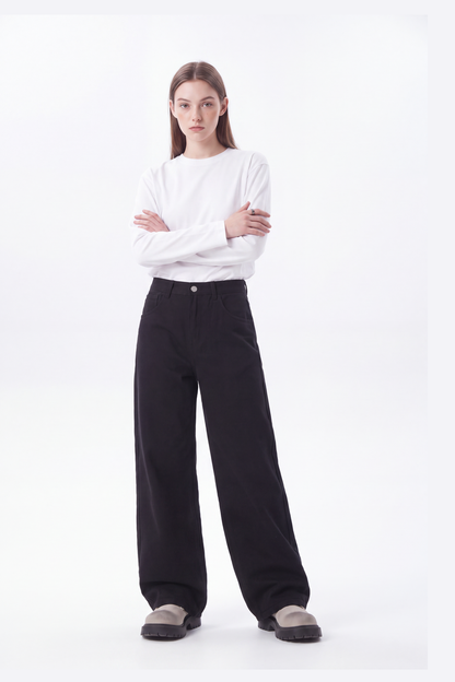 Women's High Waist Pure Black Wide Leg Jeans