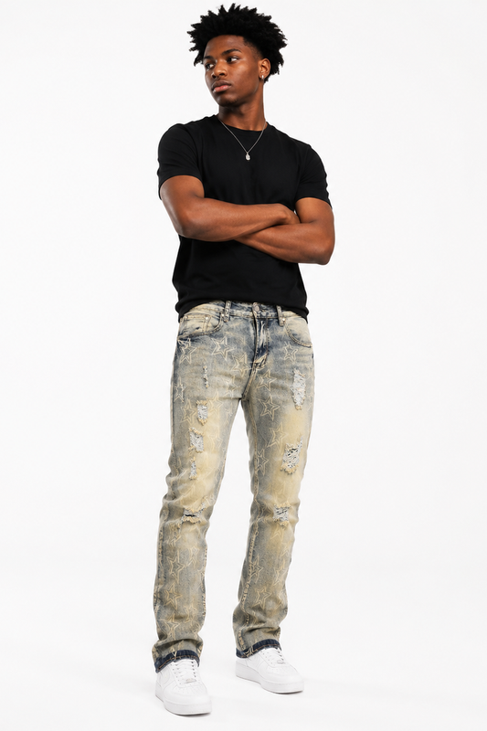 Men's Star Print Distressed Slim Fit Jeans
