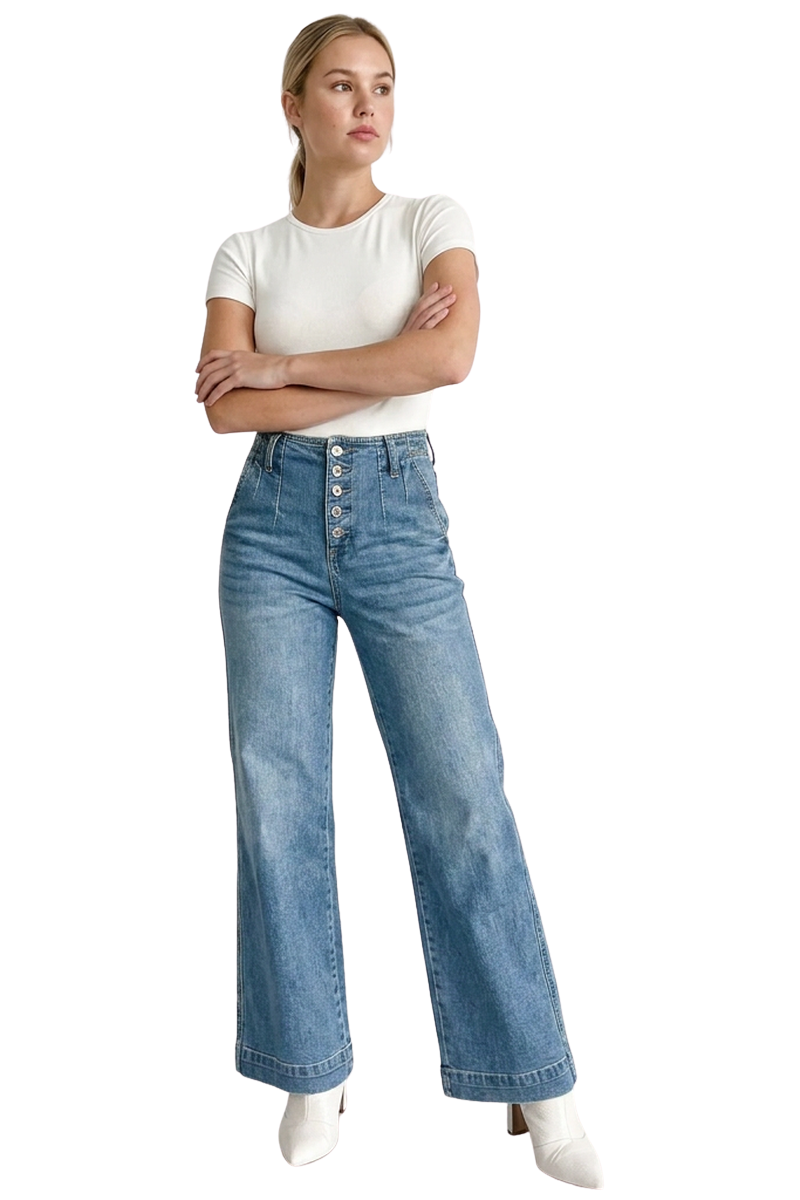Women's High-Waisted Button-Fly Cuffed Wide-Leg Jeans