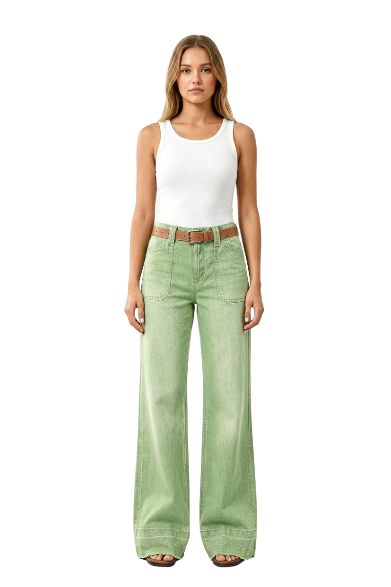 Women's Green Vintage Wash High-Waisted Wide-Leg Jeans