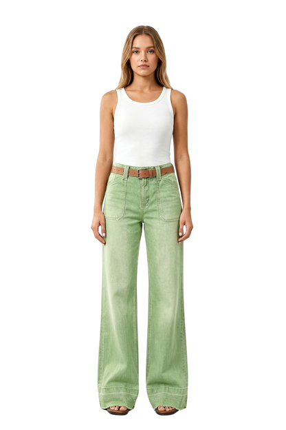 Women's Green Vintage Wash High-Waisted Wide-Leg Jeans