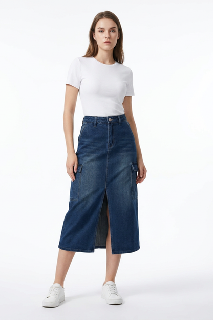 Women's High Waist Front Slit Denim Midi Skirt