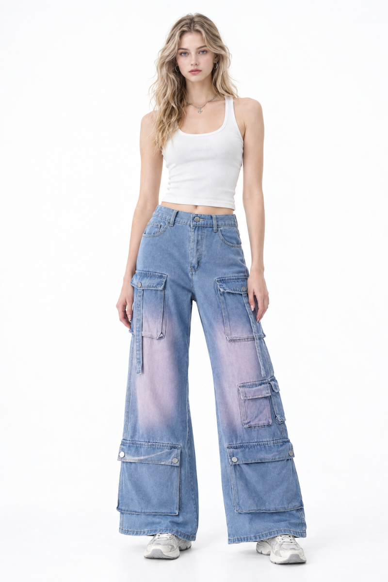 Women's Multi-Pocket High Waist Cargo Wide Leg Jeans