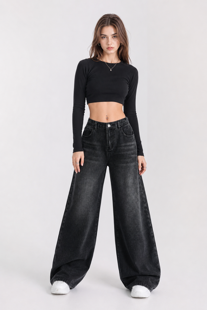 Women's high-rise wide-leg jeans with a half-elastic waist