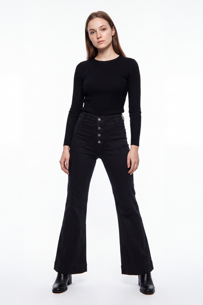 Women's Black High Waist Button Fly Stretch Flare Jeans