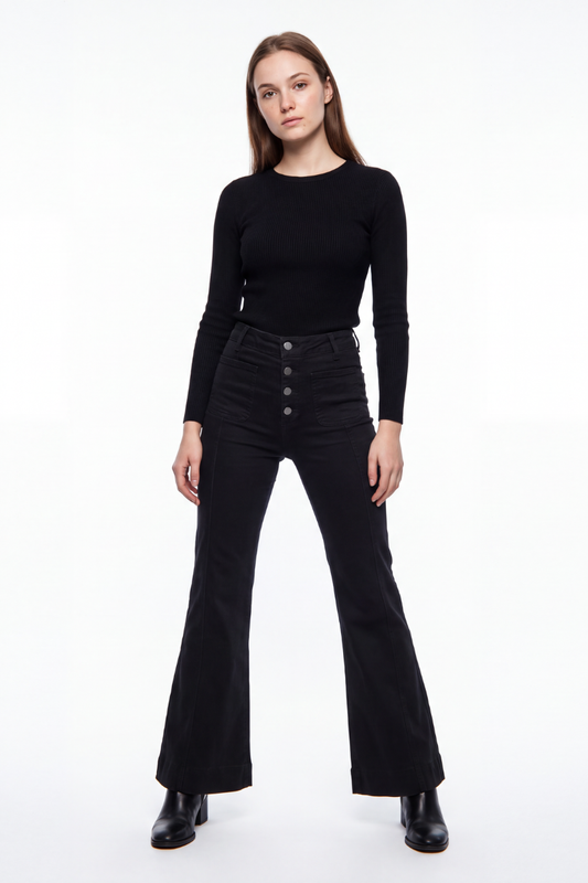 Women's Black High Waist Button Fly Stretch Flare Jeans