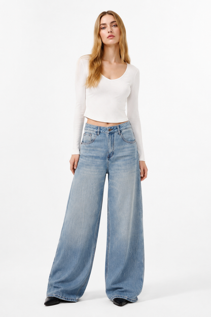 Women's 100% Cotton High Waist Wash Wide Leg Jeans